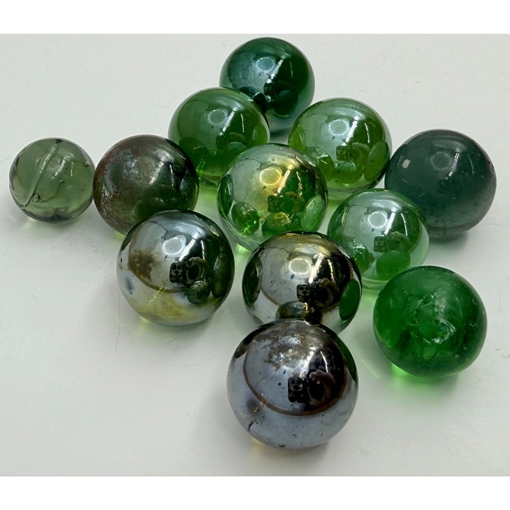 12 Green Glass Marbles UV Reactive Glow Metallic Hematite Look Marble Lot
